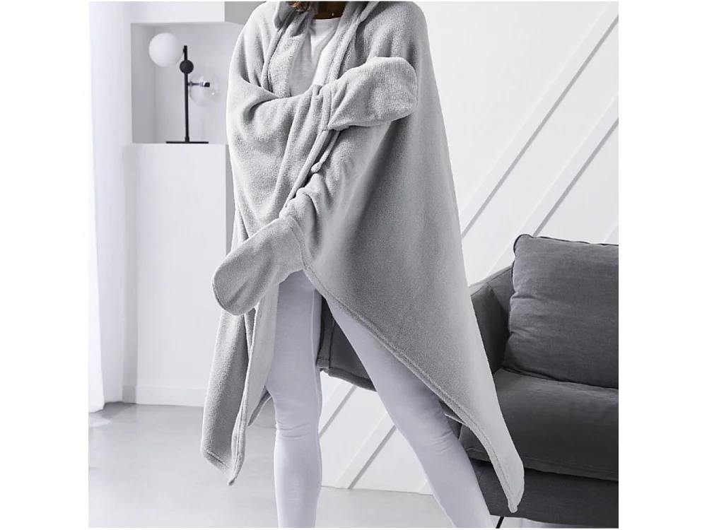 Couverture plaid polaire 165 x 115 cm avec manches et capuche, 100% Polyester coloris Gris