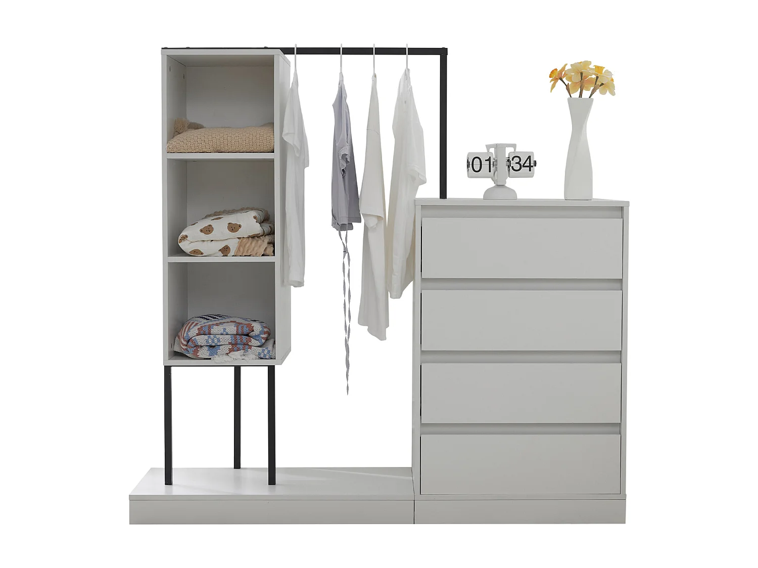 Commode multifonctionnel - 4 tiroirs +3 compartiments ouverts + tringle à vêtements - Blanc