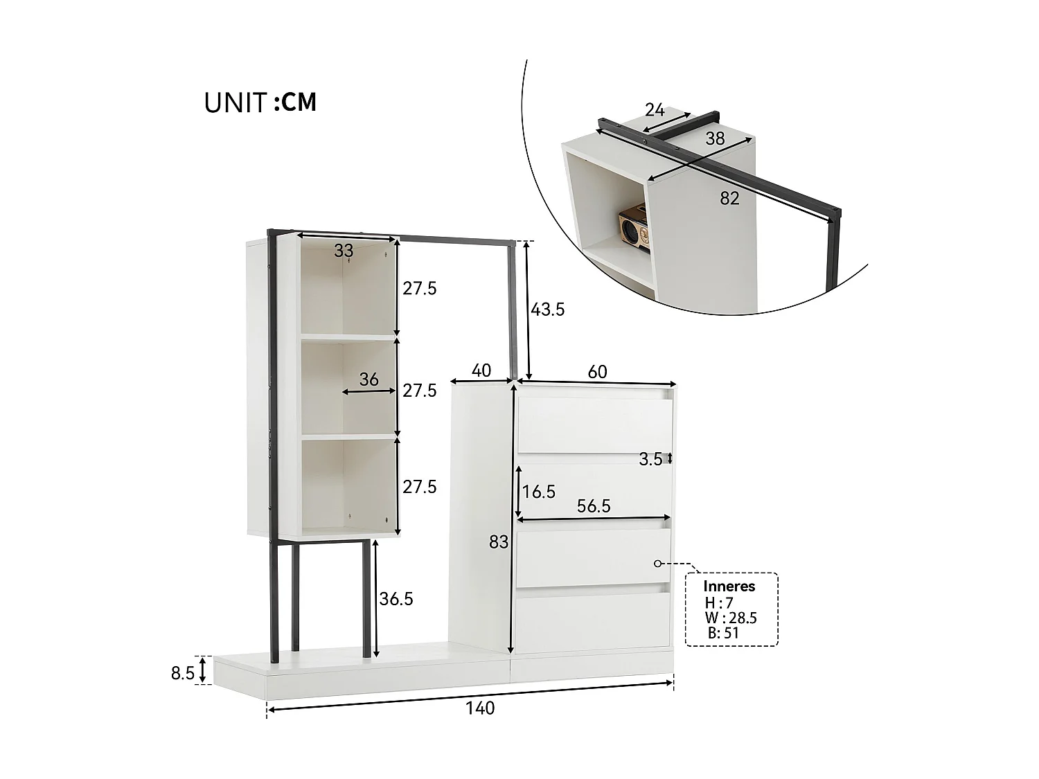 Commode multifonctionnel - 4 tiroirs +3 compartiments ouverts + tringle à vêtements - Blanc