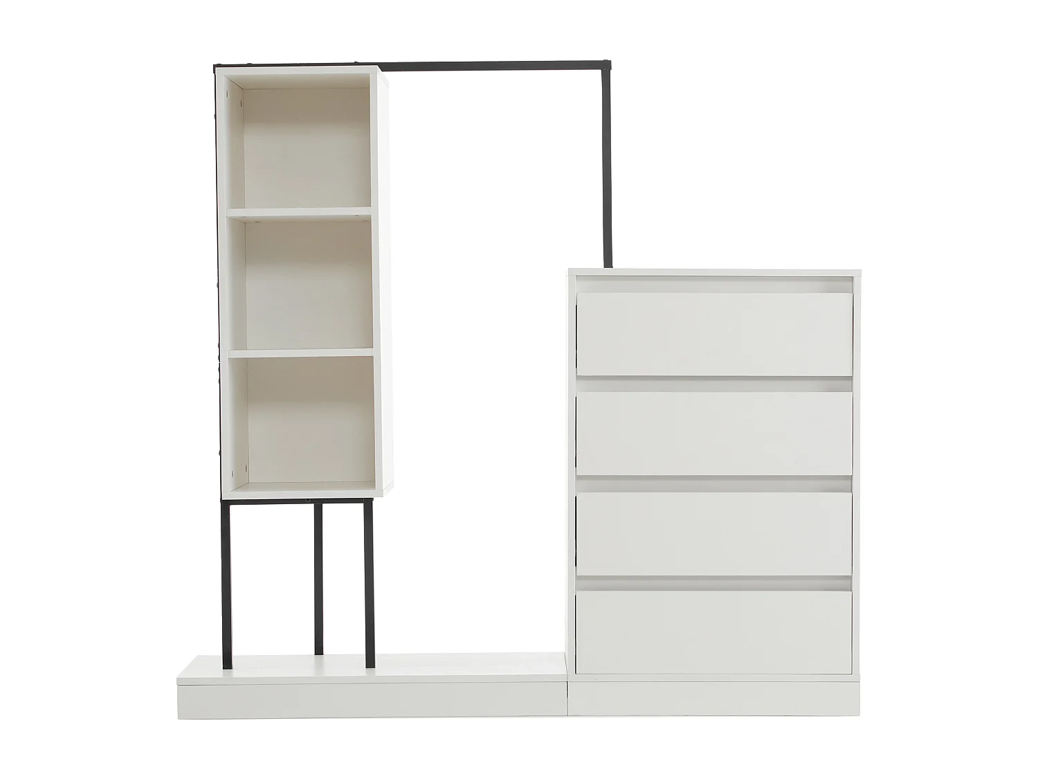 Commode multifonctionnel - 4 tiroirs +3 compartiments ouverts + tringle à vêtements - Blanc