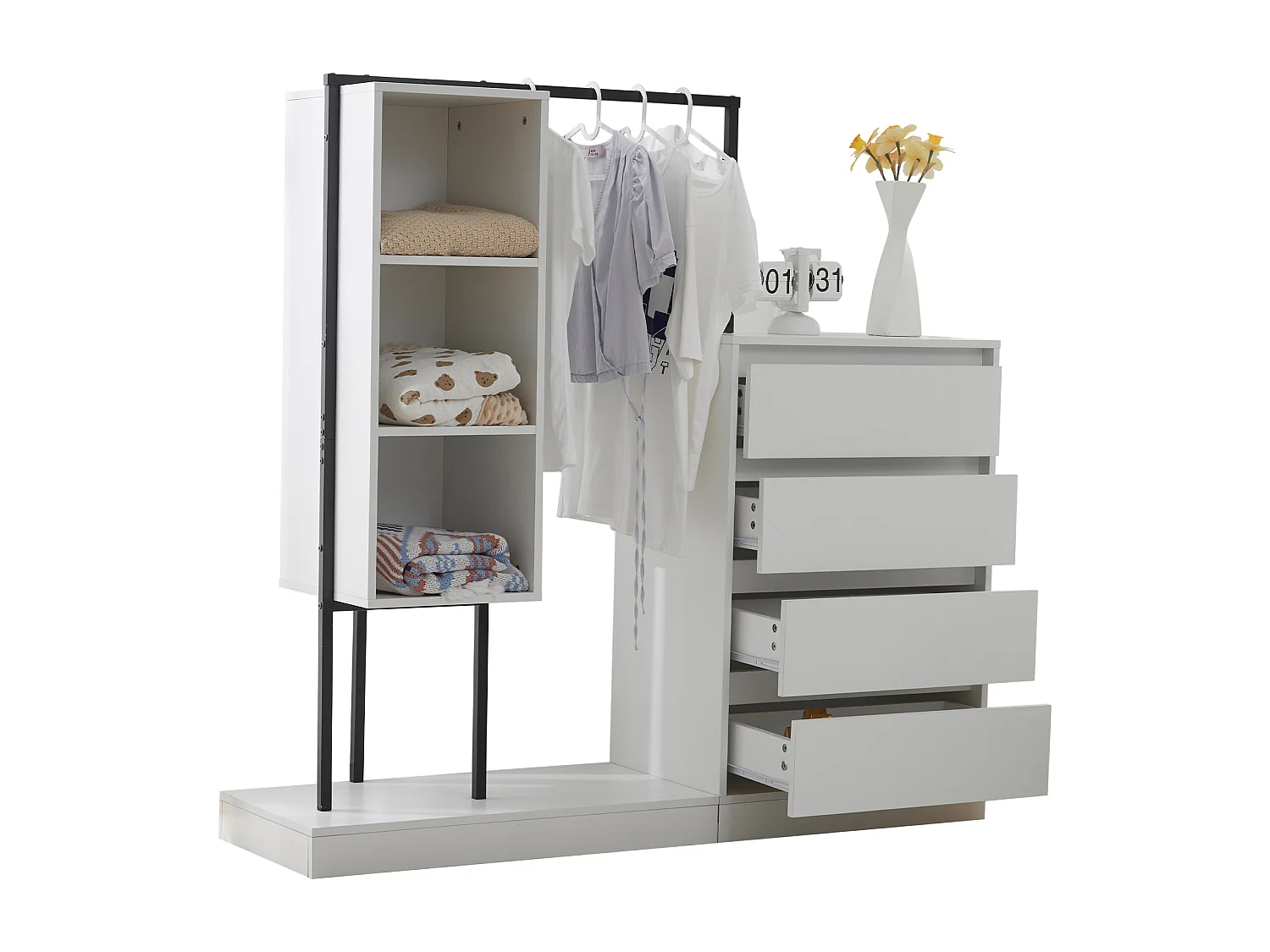 Commode multifonctionnel - 4 tiroirs +3 compartiments ouverts + tringle à vêtements - Blanc