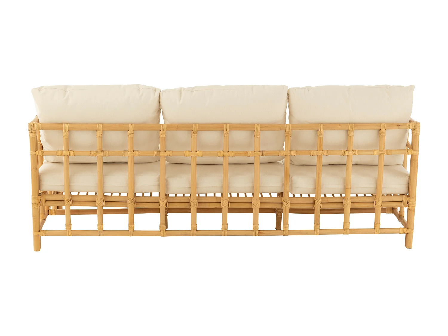 Sofa Meliza avec coussins en tissu et rotin - Finition naturelle et blanche-3 places