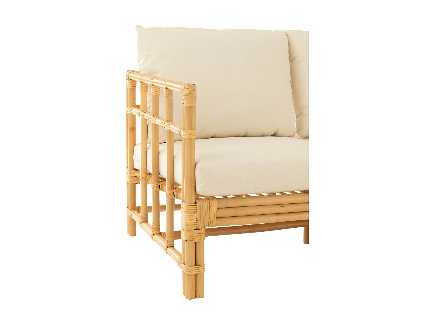 Sofa Meliza avec coussins en tissu et rotin - Finition naturelle et blanche-3 places
