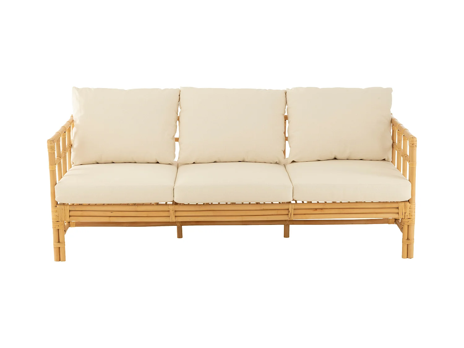 Sofa Meliza avec coussins en tissu et rotin - Finition naturelle et blanche-3 places