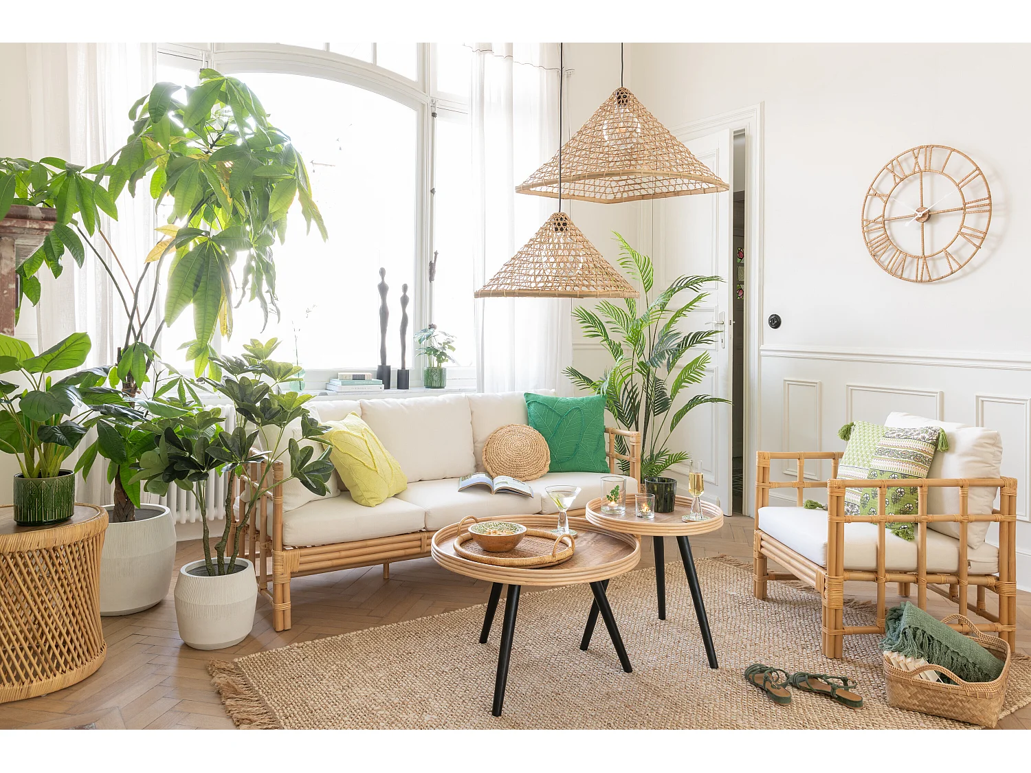 Sofa Meliza avec coussins en tissu et rotin - Finition naturelle et blanche-3 places