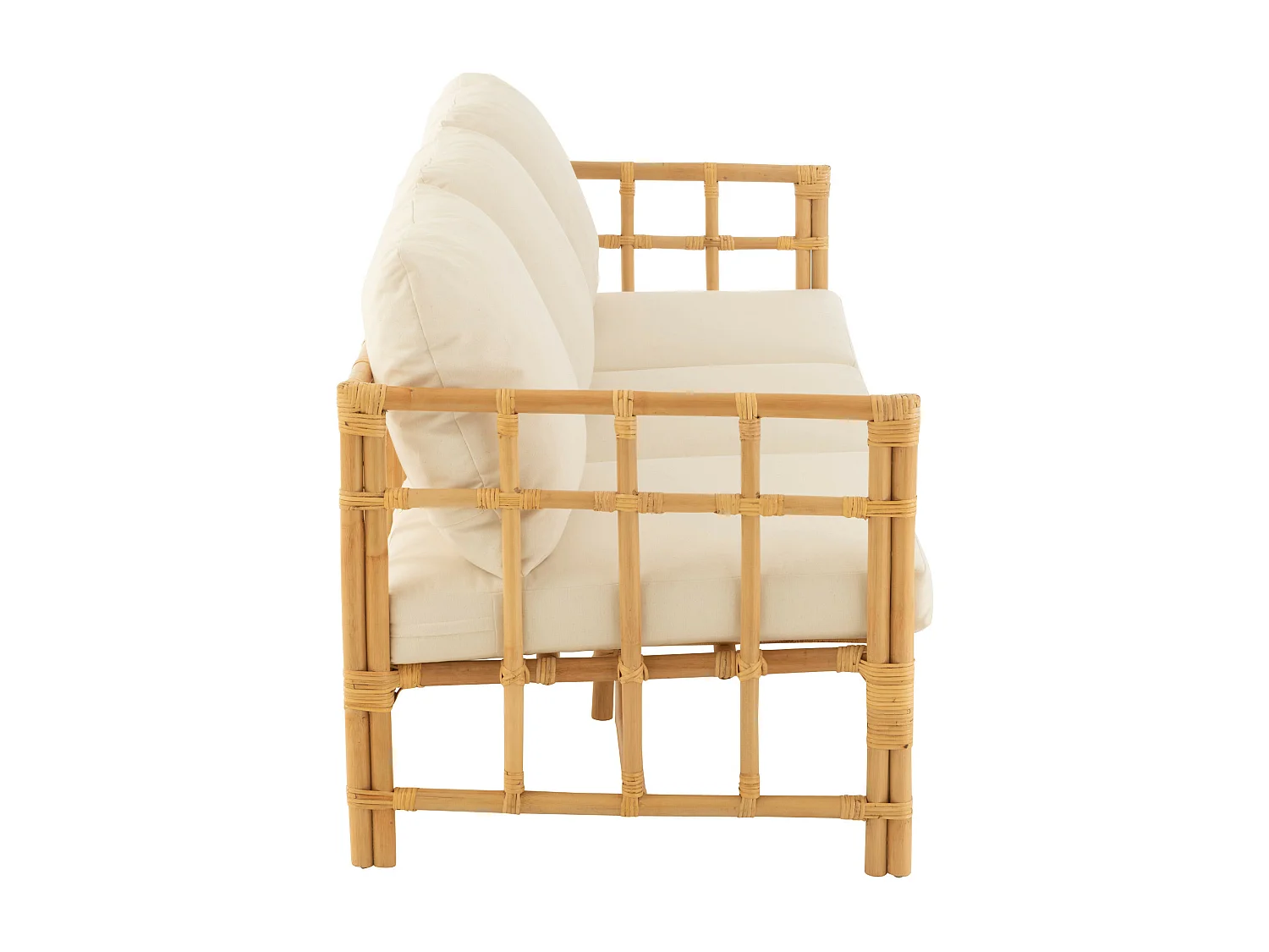 Sofa Meliza avec coussins en tissu et rotin - Finition naturelle et blanche-3 places