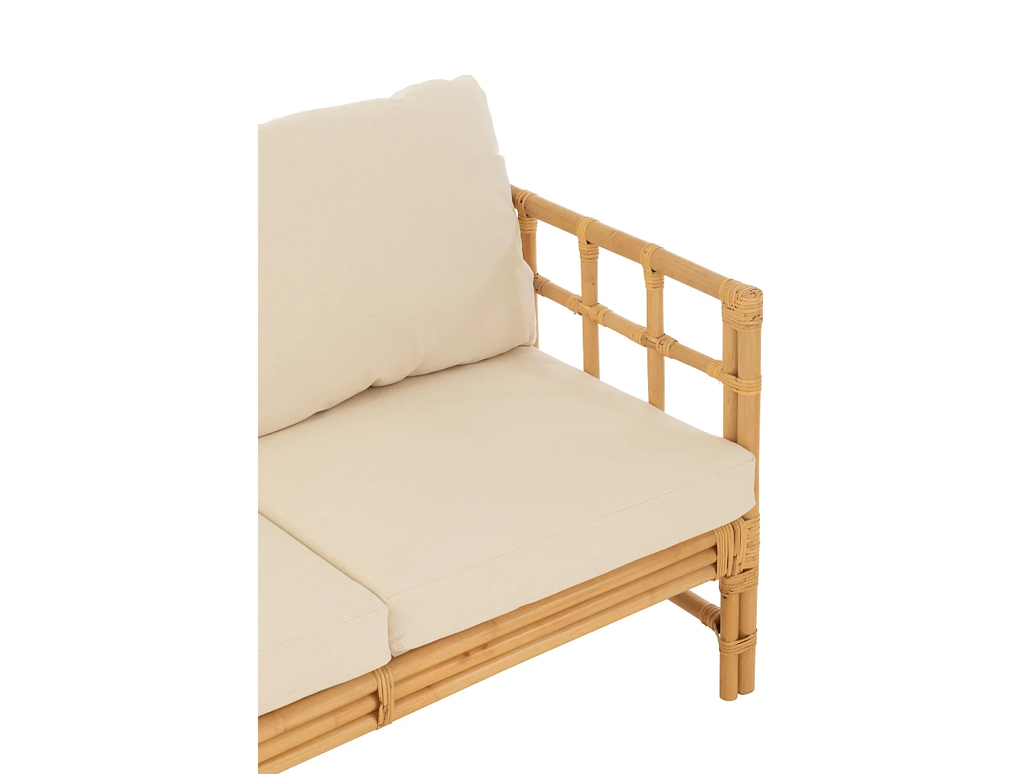 Sofa Meliza avec coussins en tissu et rotin - Finition naturelle et blanche-3 places
