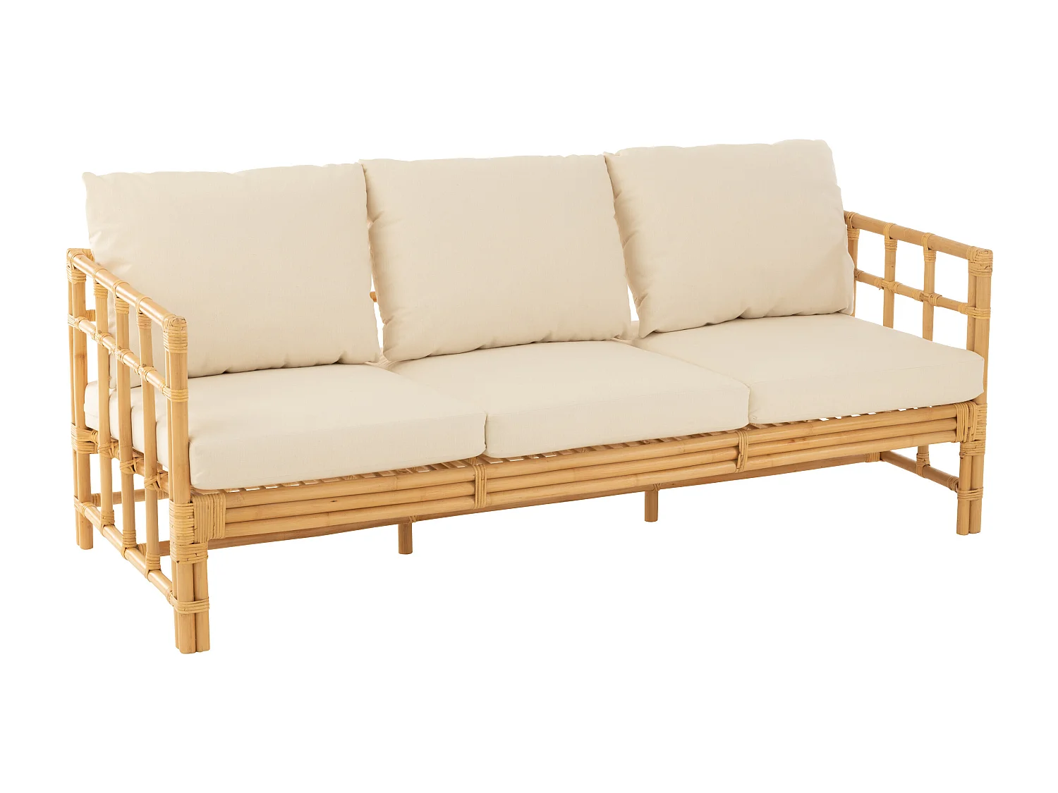 Sofa Meliza avec coussins en tissu et rotin - Finition naturelle et blanche-3 places