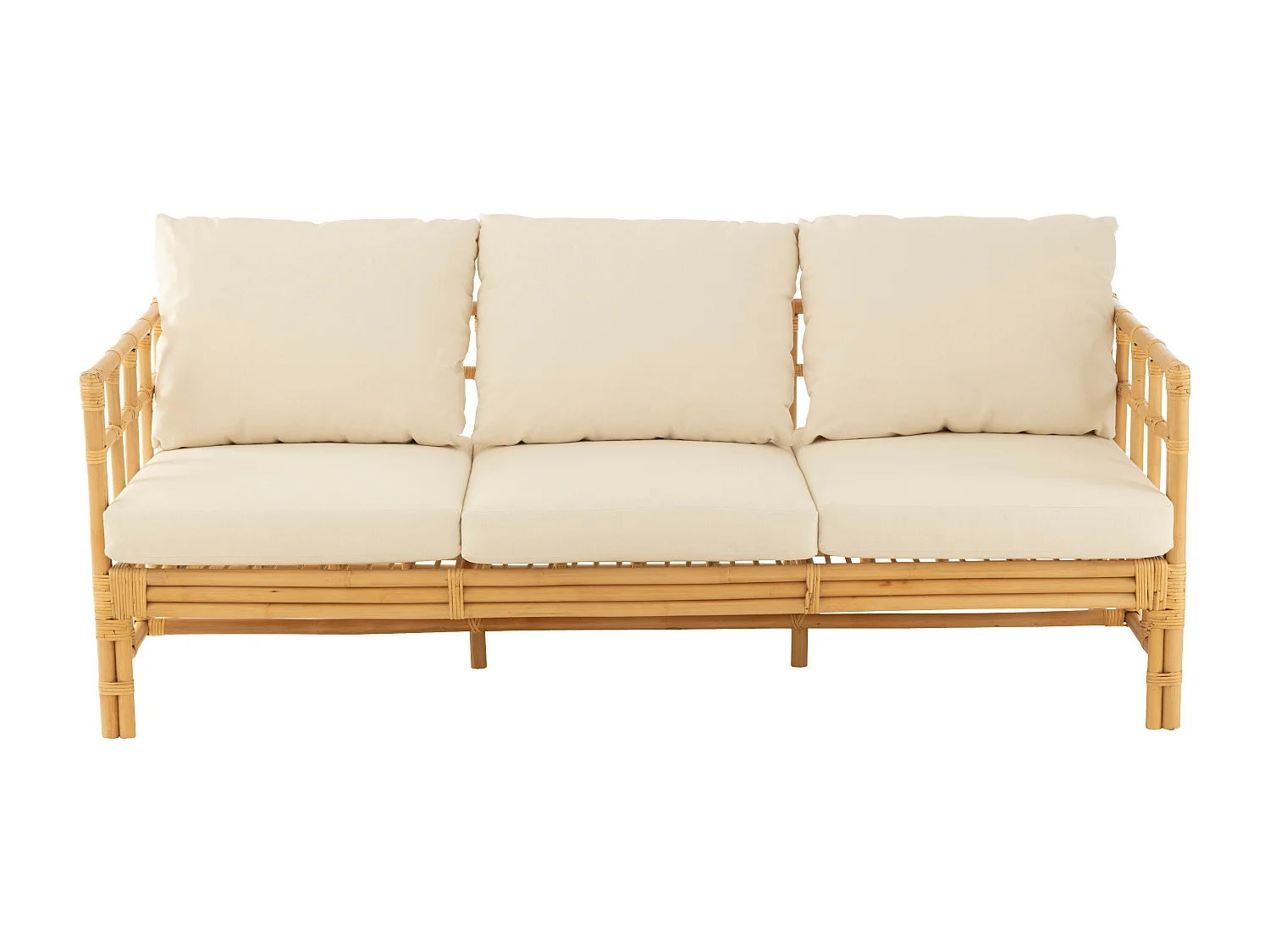 Sofa Meliza avec coussins en tissu et rotin - Finition naturelle et blanche-3 places