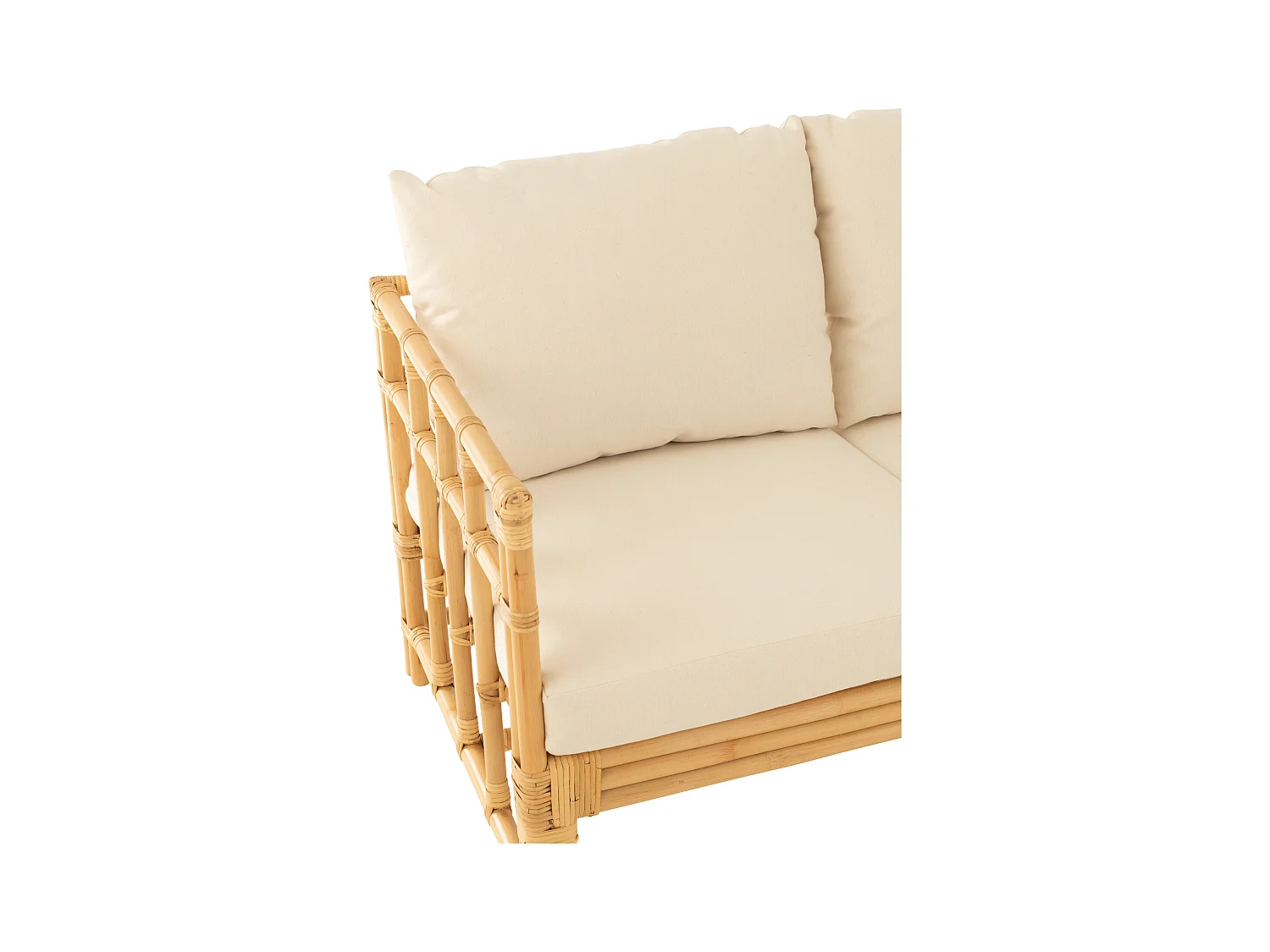 Sofá Meliza con cojines de tela y ratán - Acabado natural y blanco-Número de plazas 2 plazas