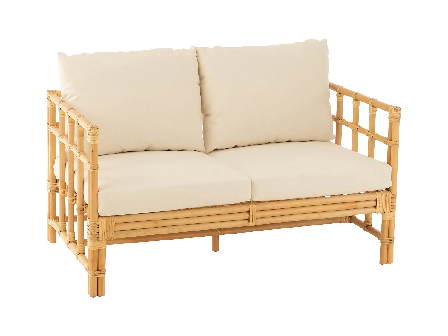 Sofa Meliza avec coussins en tissu et rotin - Finition naturelle et blanche-2 places