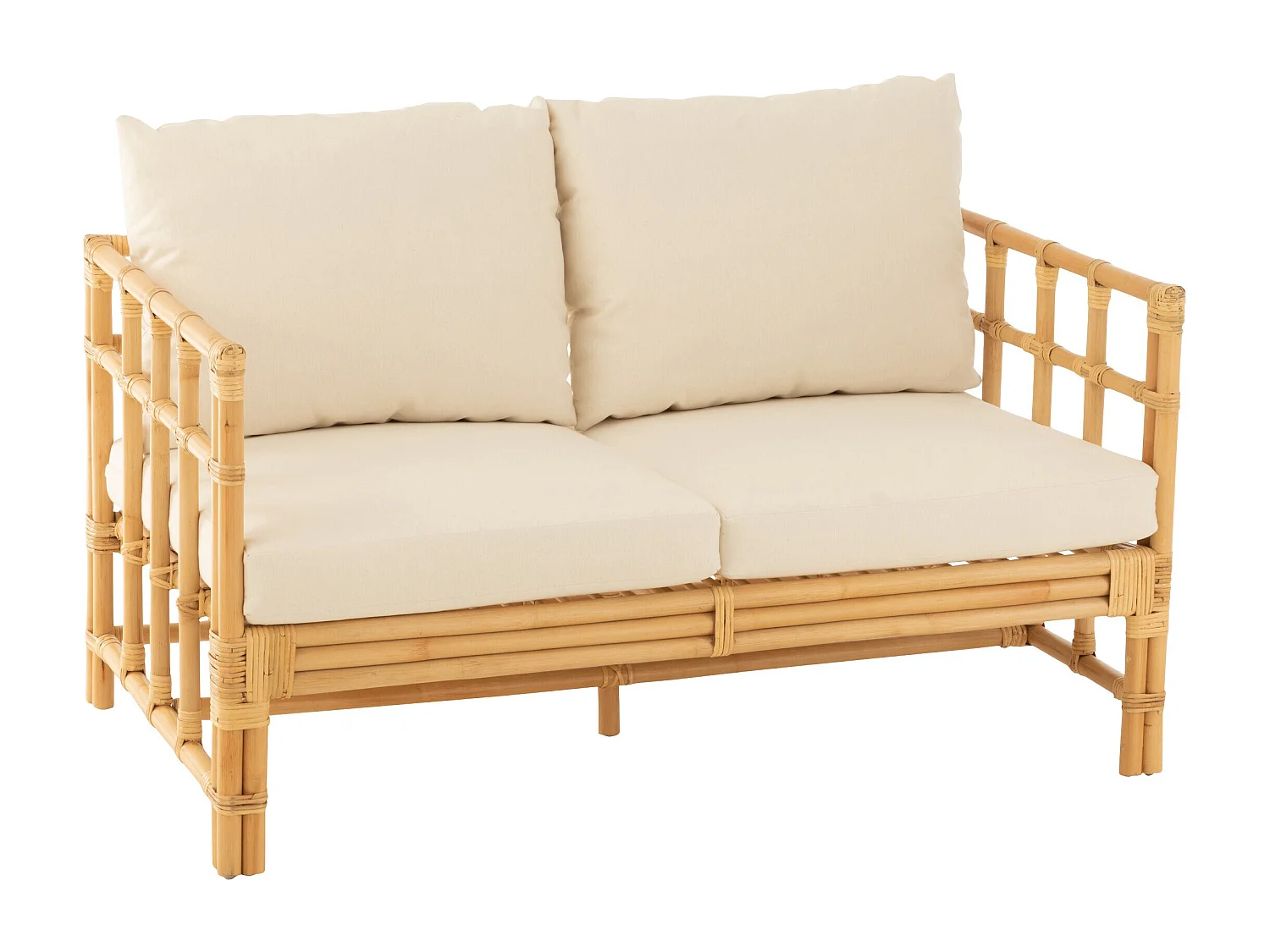 Sofa Meliza avec coussins en tissu et rotin - Finition naturelle et blanche-2 places
