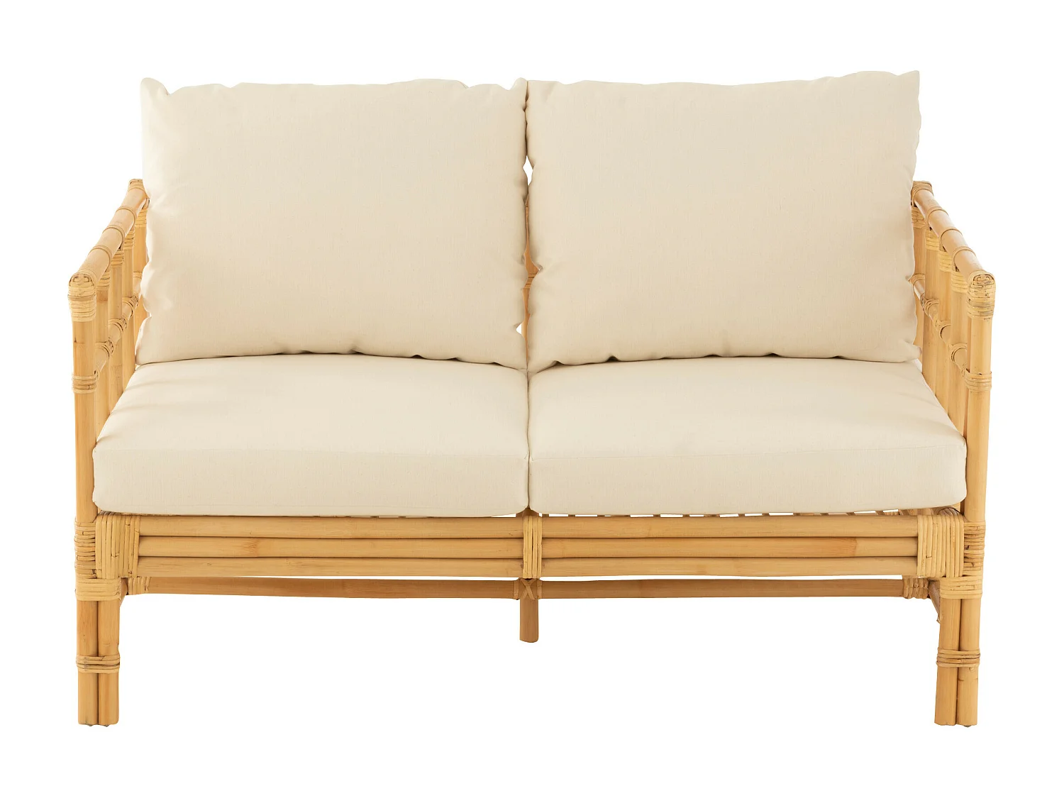 Sofa Meliza avec coussins en tissu et rotin - Finition naturelle et blanche-2 places