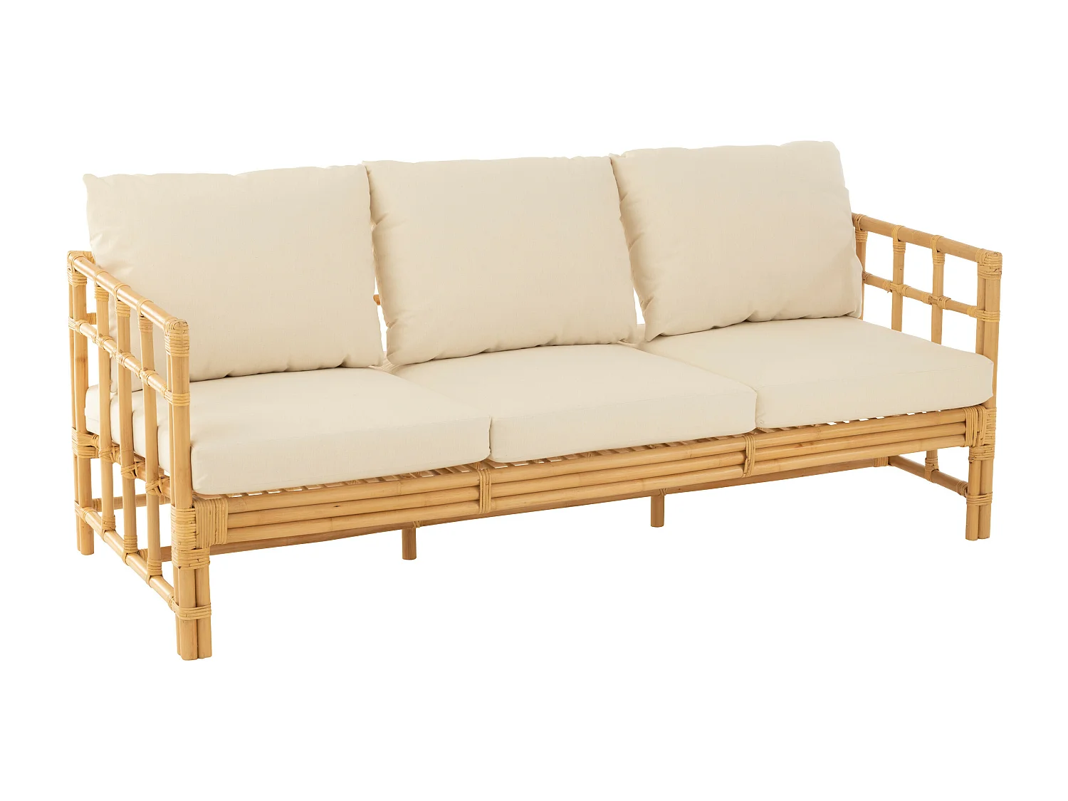 Sofa Meliza avec coussins en tissu et rotin - Finition naturelle et blanche-2 places