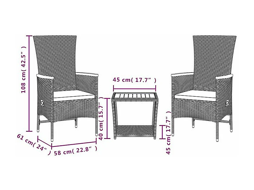 Ensemble à manger de jardin avec coussins 3 pcs Noir