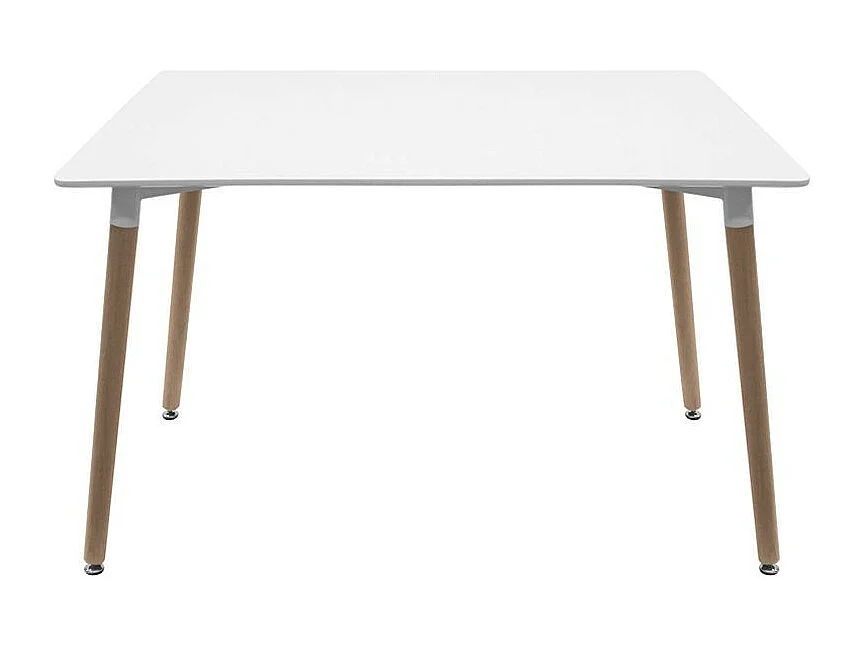 Mesa rectangular de 120 cm en blanco brillante con patas de madera natural Welly