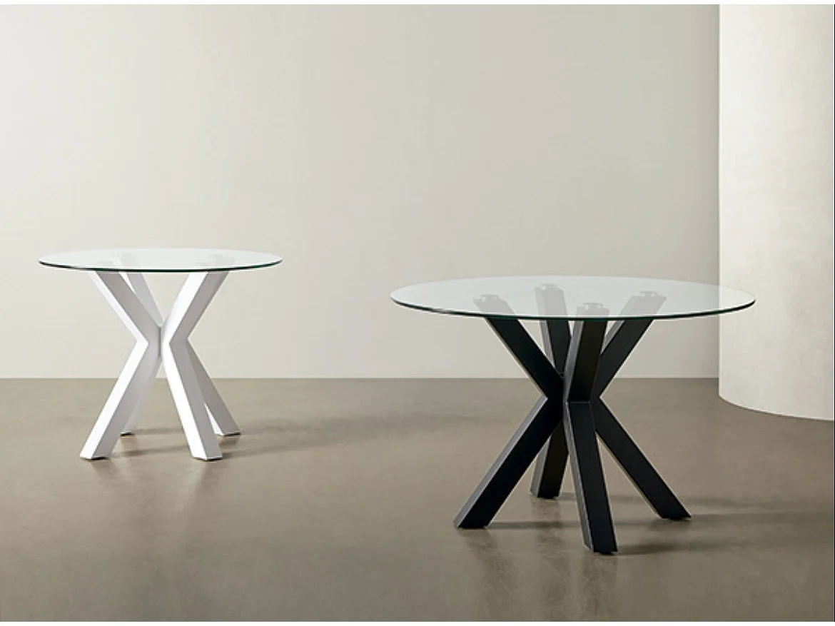 Table ronde moderne Jadys – Plateau en verre et pieds croisés en métal-Couleur Noir-Diamètre 120 cm
