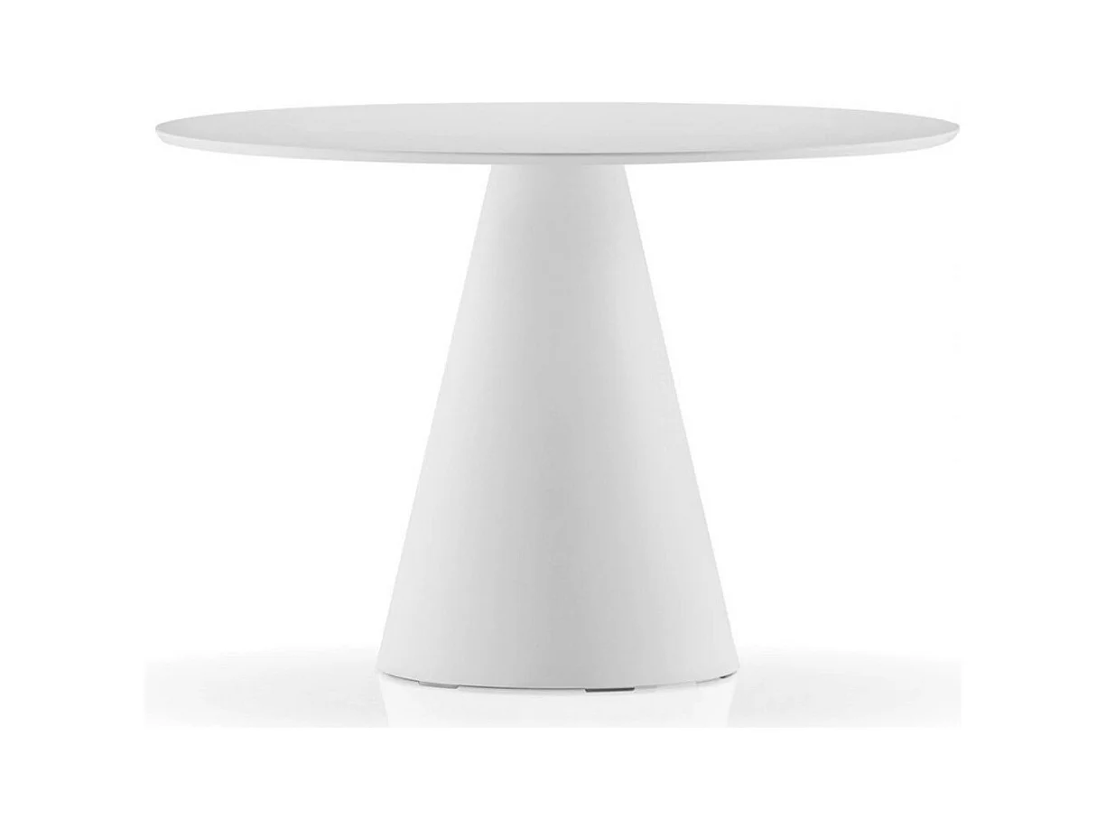 Table à manger ronde blanche polyéthylène et plateau bois blanc Kizola-Diamètre 130 cm