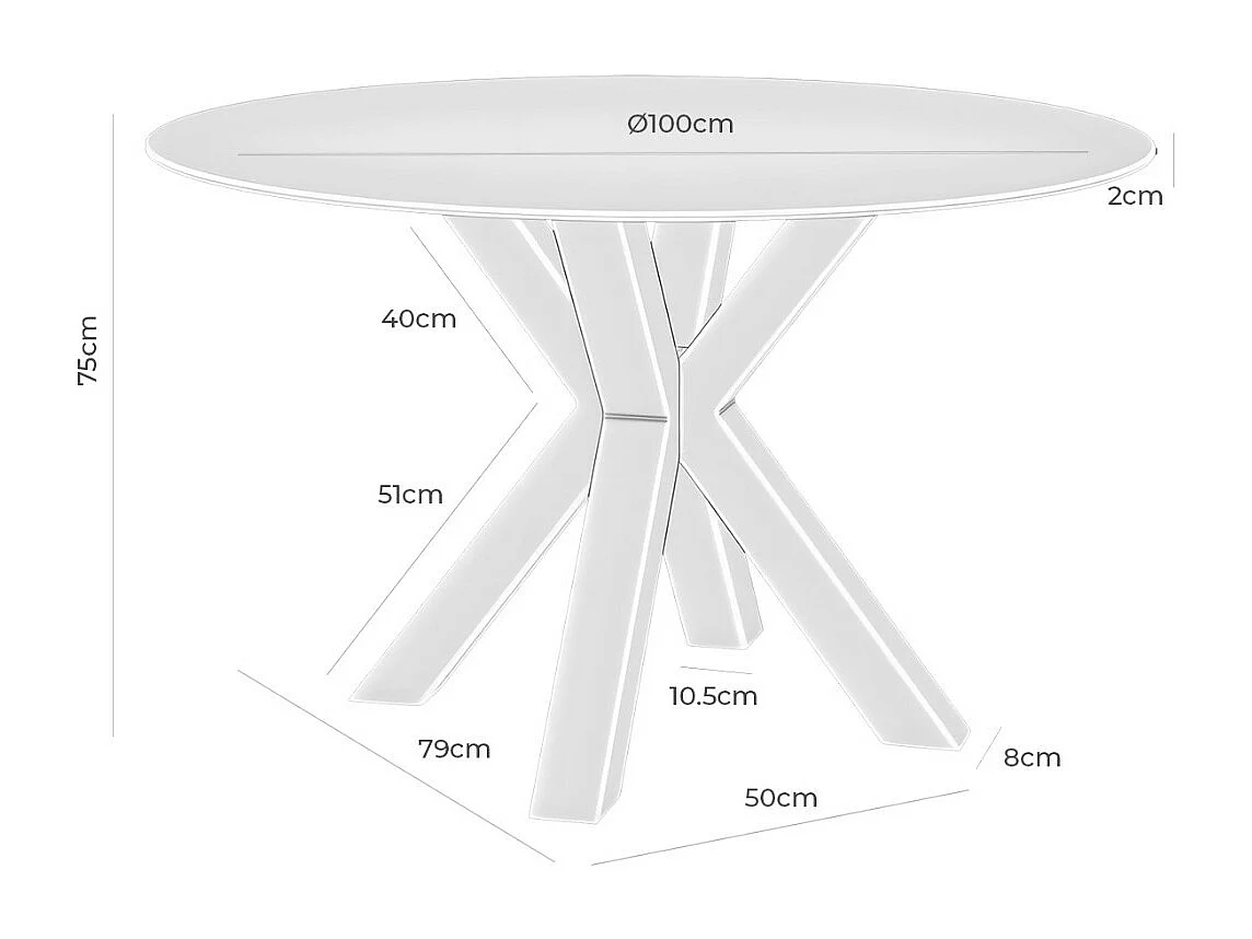 Table ronde moderne Jadys – Plateau en verre et pieds croisés en métal-Couleur Blanc-Diamètre 100 cm