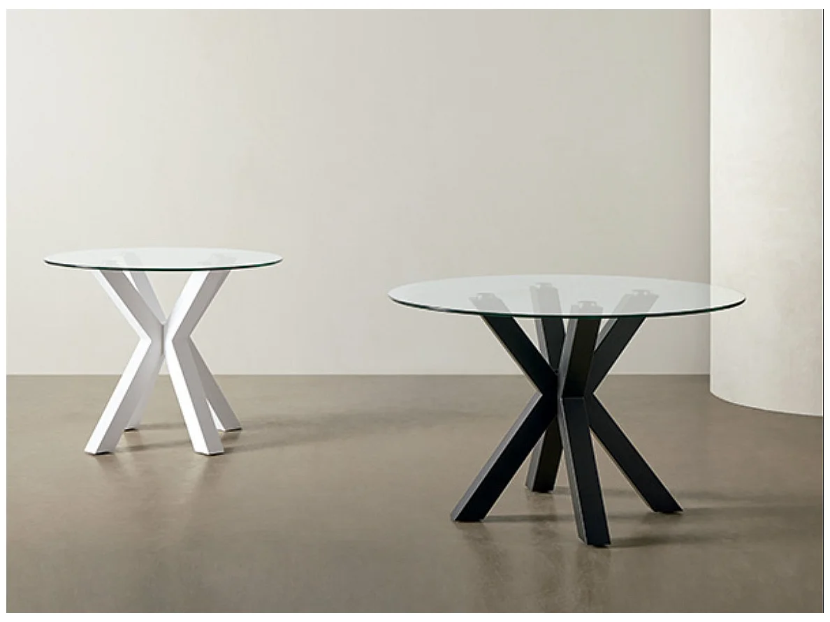 Table ronde moderne Jadys – Plateau en verre et pieds croisés en métal-Couleur Noir-Diamètre 100 cm
