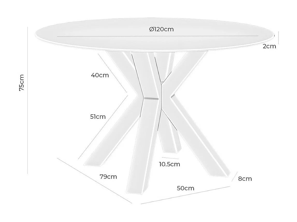 Table ronde moderne Jadys – Plateau en verre et pieds croisés en métal-Couleur Blanc-Diamètre 120 cm