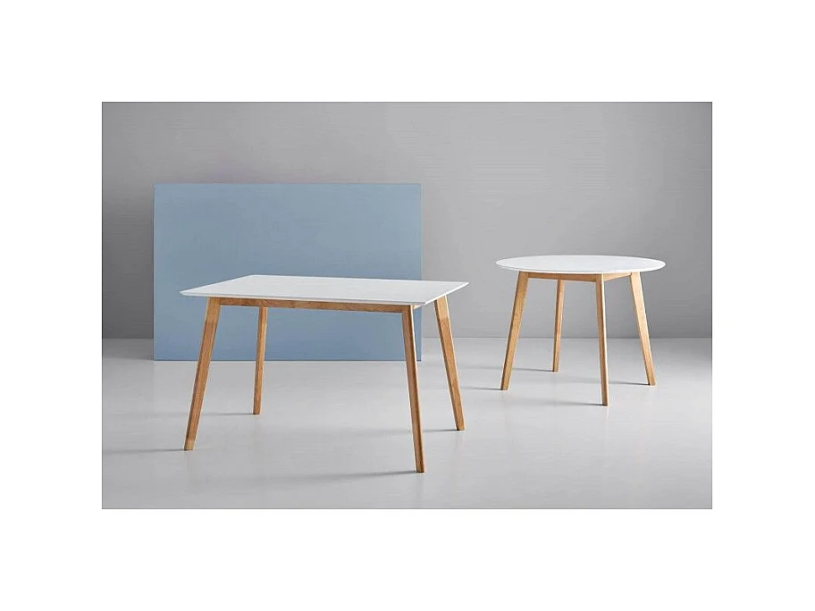 Table de cuisine rectangulaire Askin – Finition blanc brillant et pieds en bois clair-Couleur Naturel-Largeur 140 cm