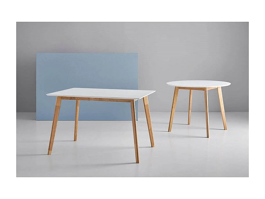 Table de cuisine rectangulaire Askin – Finition blanc brillant et pieds en bois clair-Couleur Naturel-Largeur 140 cm