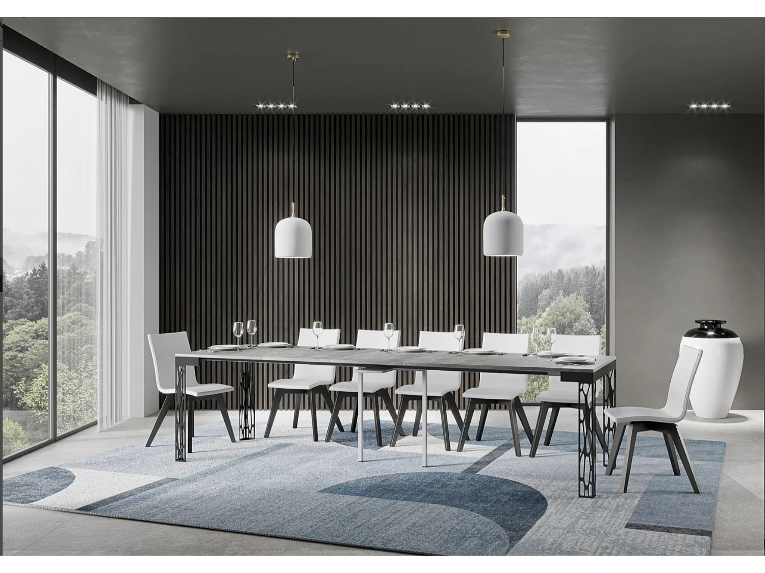 Console extensible design bois et acier anthracite Kiza evolution-Couleur Gris ciment-Sur roulettes-5 rallonges