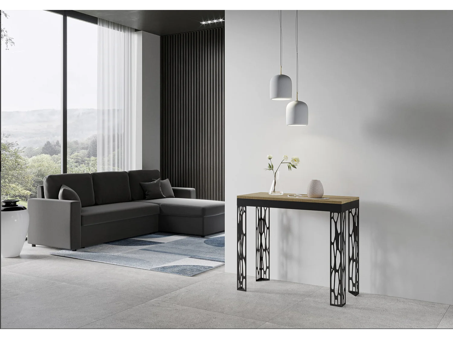 Console extensible design bois et acier anthracite Kiza evolution-Couleur Gris ciment-Sur roulettes-5 rallonges