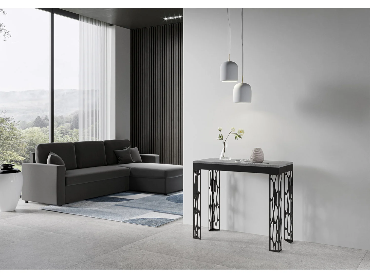 Console extensible design bois et acier anthracite Kiza evolution-Couleur Gris ciment-Sur roulettes-5 rallonges