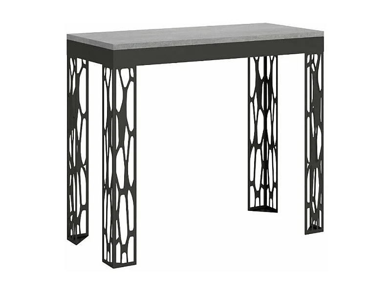 Consola extensible de diseño en madera y acero antracita Kiza Evolution-Color Gris cemento-Base y soporte con ruedas-Alargaderas 5 extensiones