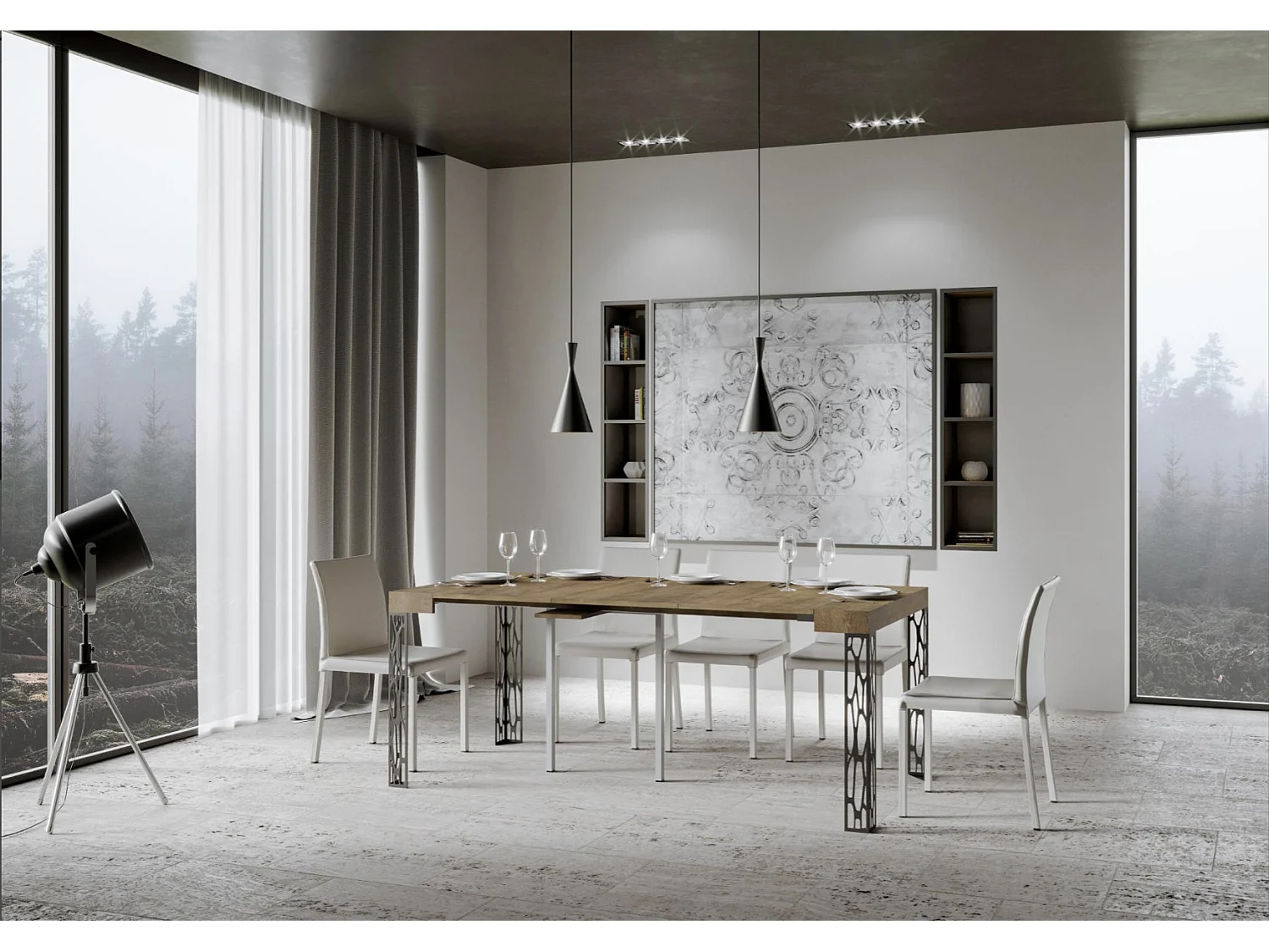 Console extensible design bois et acier anthracite Kiza-Couleur Blanc-Sur roulettes-3 rallonges