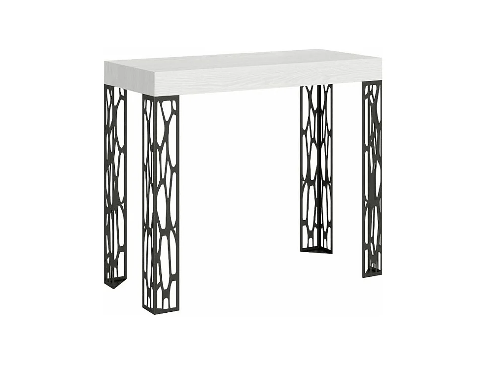 Console extensible design bois et acier anthracite Kiza-Couleur Blanc-Sur roulettes-5 rallonges