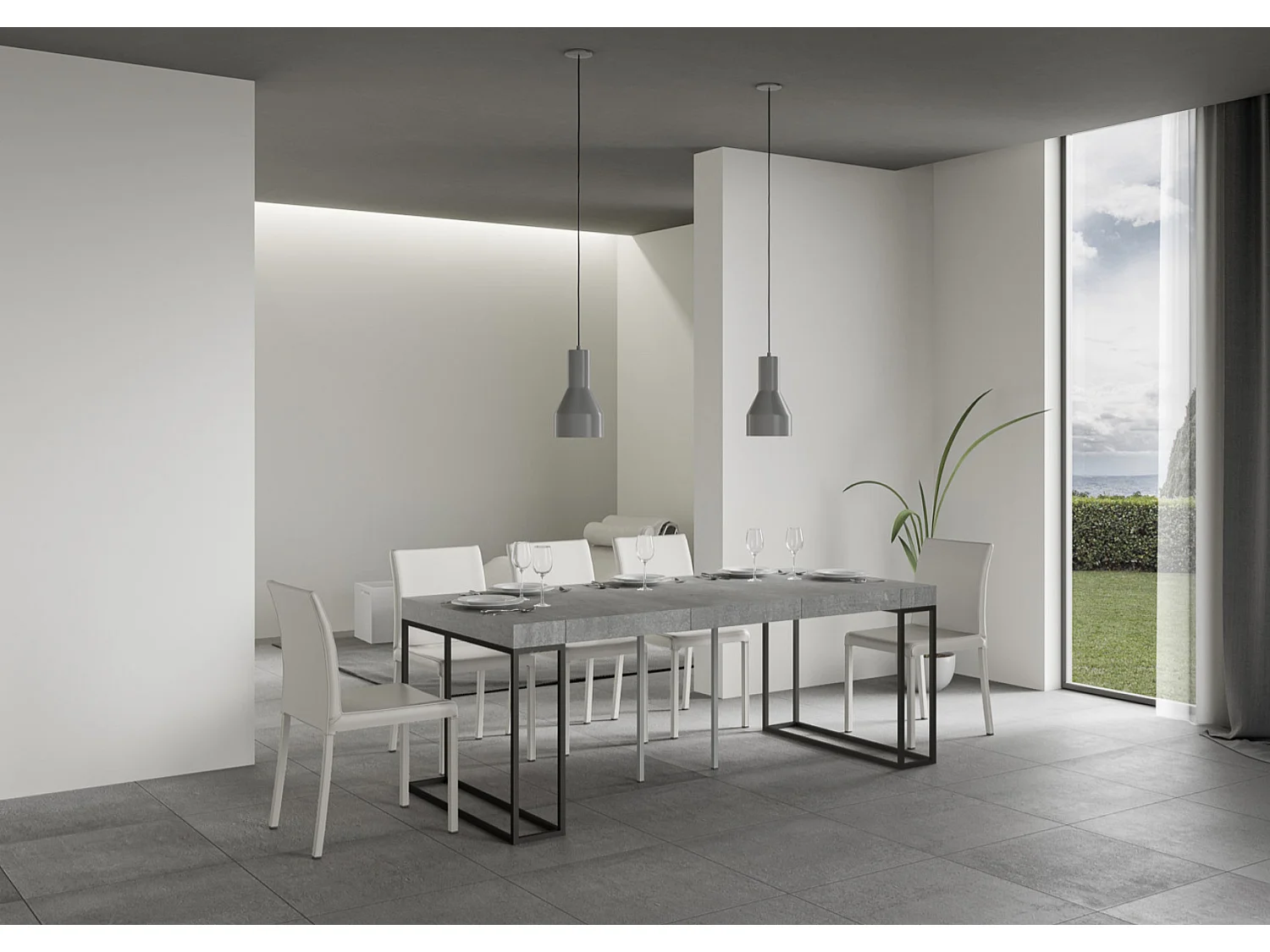 Console extensible bois et 3 pieds acier anthracite Epika-Couleur Gris ciment-4 pieds-3 rallonges épaisses