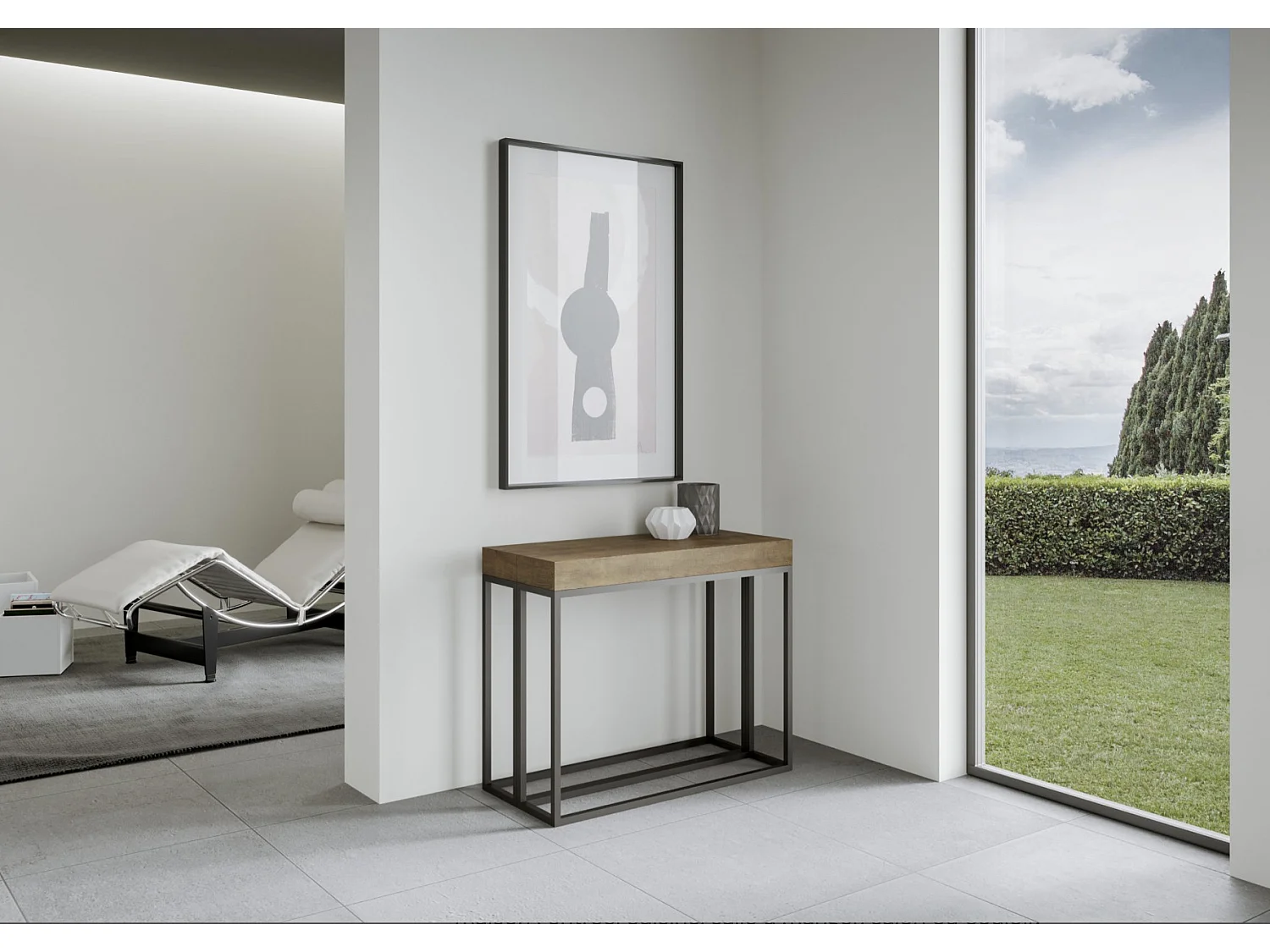 Consola Epika extensible de madera y 3 patas de acero antracita-Color Marrón-Base y soporte con ruedas-3 alargaderas finas