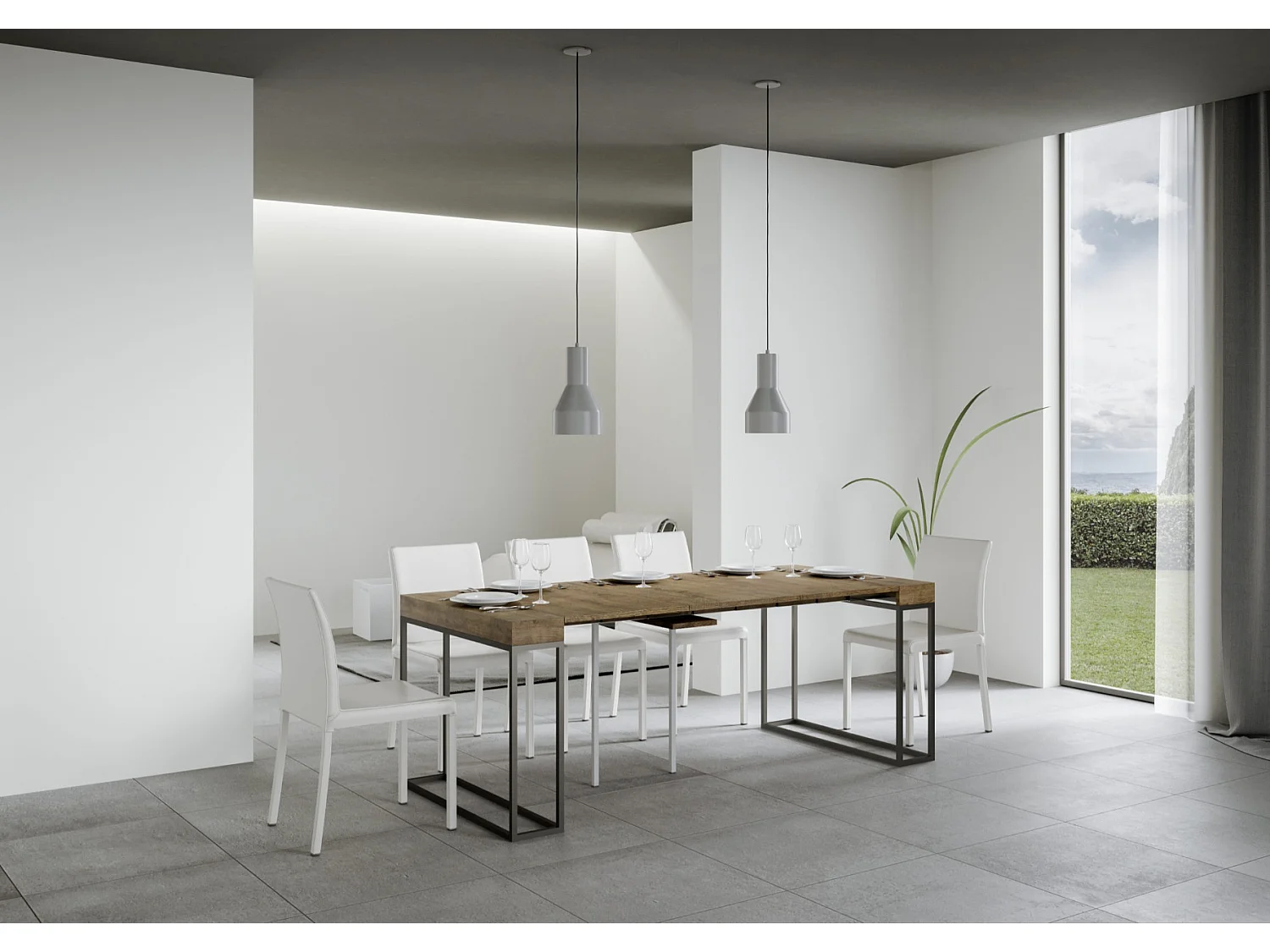 Consola Epika extensible de madera y 3 patas de acero antracita-Color Marrón-Base y soporte con ruedas-3 alargaderas finas