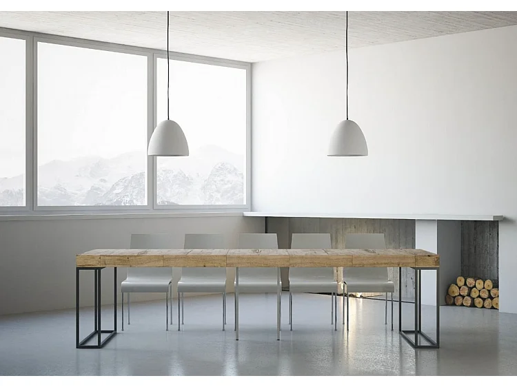 Console extensible bois et 3 pieds acier anthracite Epika-Couleur Blanc-4 pieds-3 rallonges épaisses