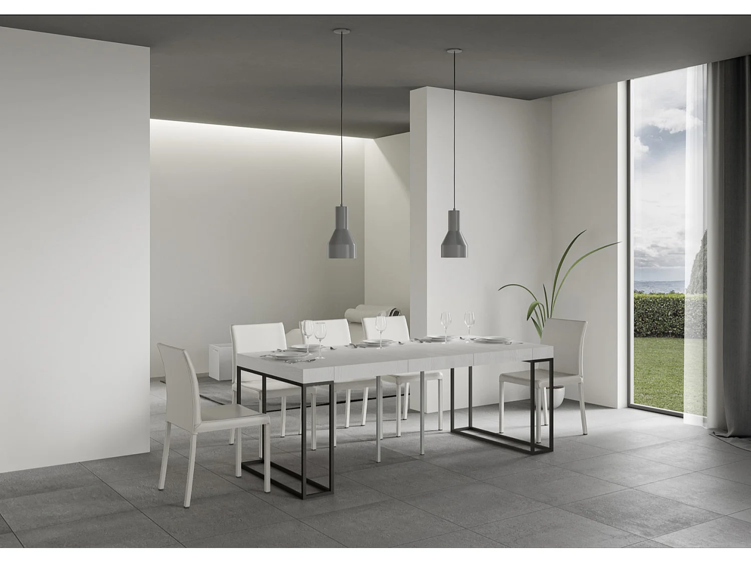 Console extensible bois et 3 pieds acier anthracite Epika-Couleur Blanc-4 pieds-3 rallonges épaisses