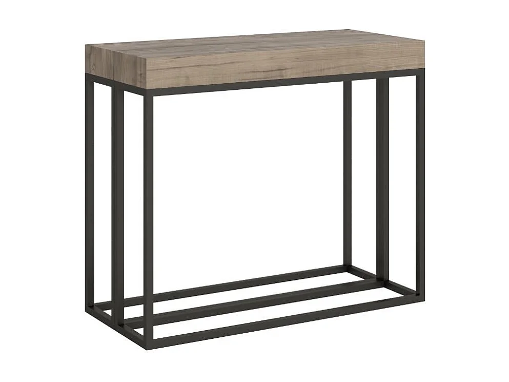 Epika uitschuifbare houten console en 3 antraciet stalen poten-Kleur Natuurlijk-Voet en steun op zwenkwielen-Verlengsnoeren 3 dunne verlengingen