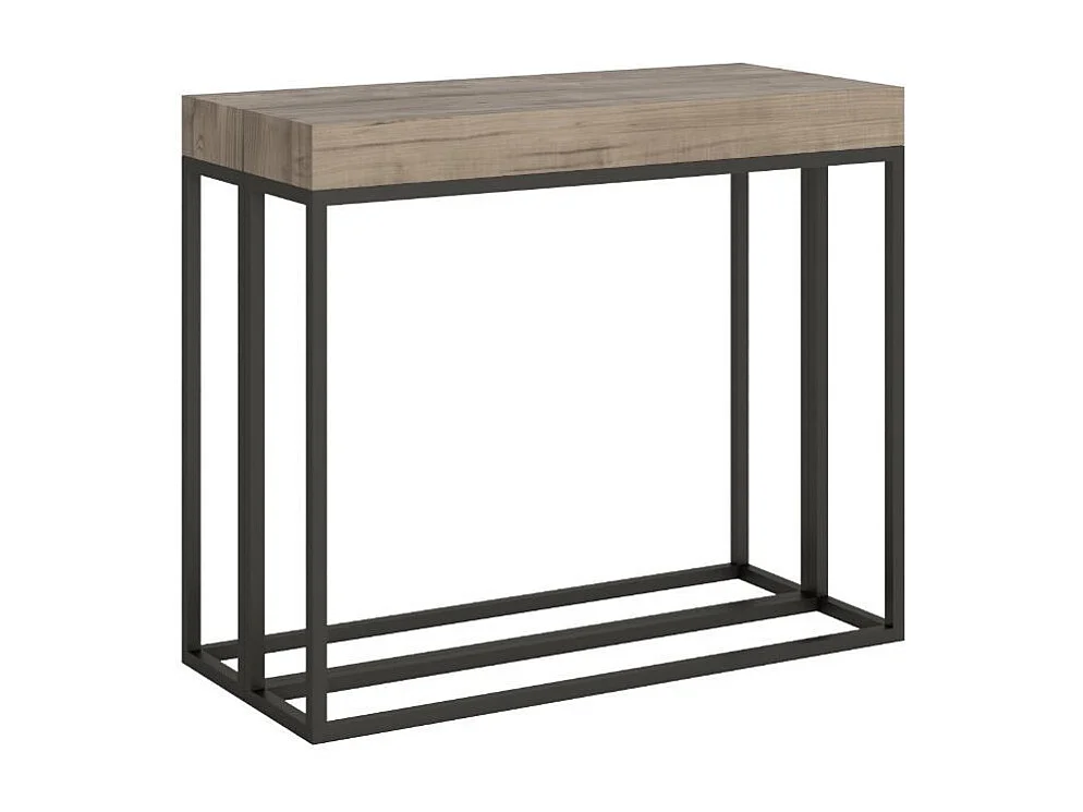 Epika uitschuifbare houten console en 3 antraciet stalen poten-Kleur Natuurlijk-Voet en steun op zwenkwielen-Verlengsnoeren 3 dunne verlengingen