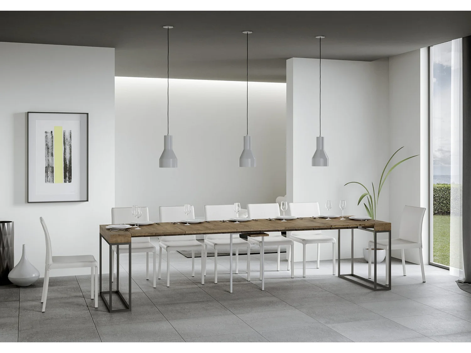 Console extensible bois et 3 pieds acier anthracite Epika-Couleur Marron-4 pieds-5 rallonges fines