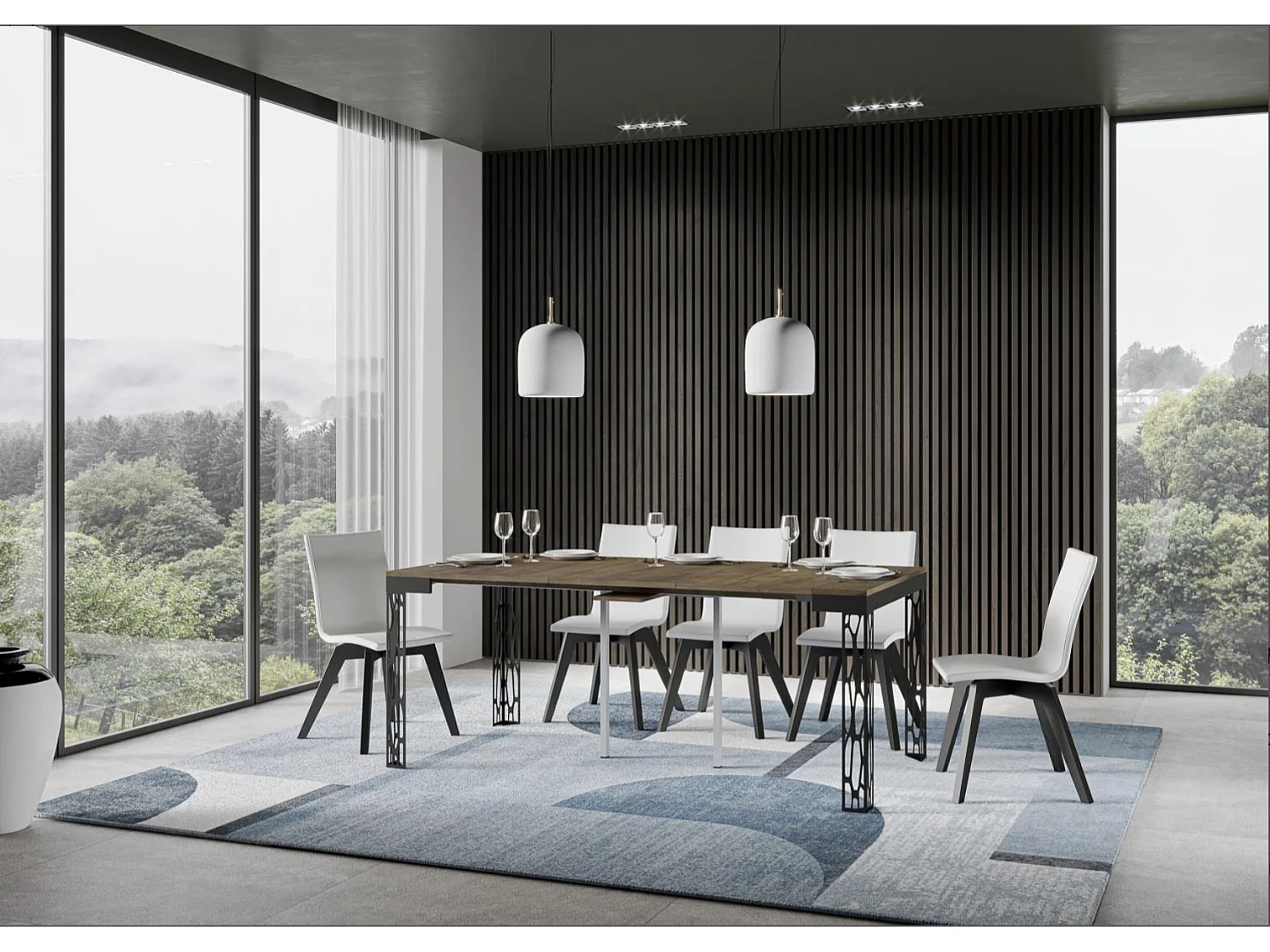 Consola extensible de diseño en madera y acero antracita Kiza Evolution-Color Marrón-Soporte 4 pies-Alargaderas 3 extensiones
