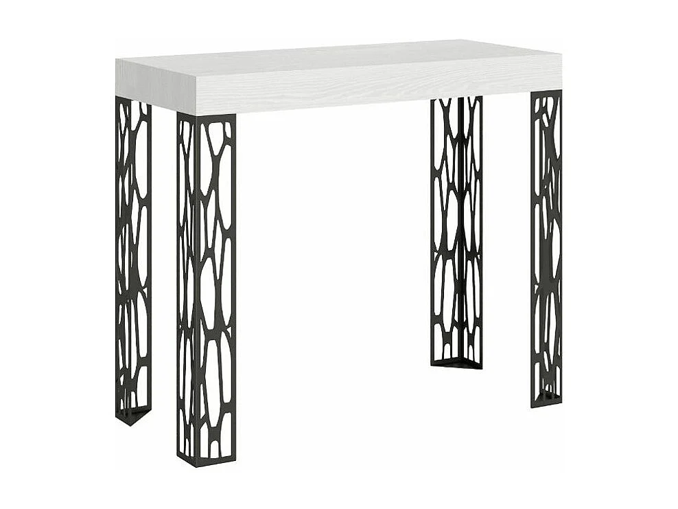 Consola extensible de diseño en madera y acero antracita Kiza-Color Blanco-Soporte 4 pies-Alargaderas 3 extensiones