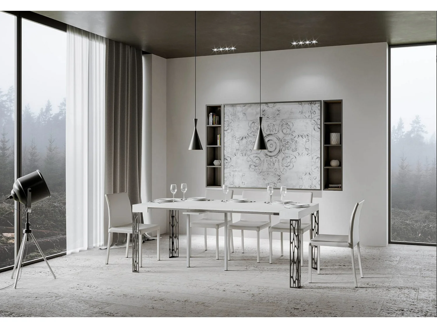 Consola extensible de diseño en madera y acero antracita Kiza-Color Blanco-Soporte 4 pies-Alargaderas 3 extensiones