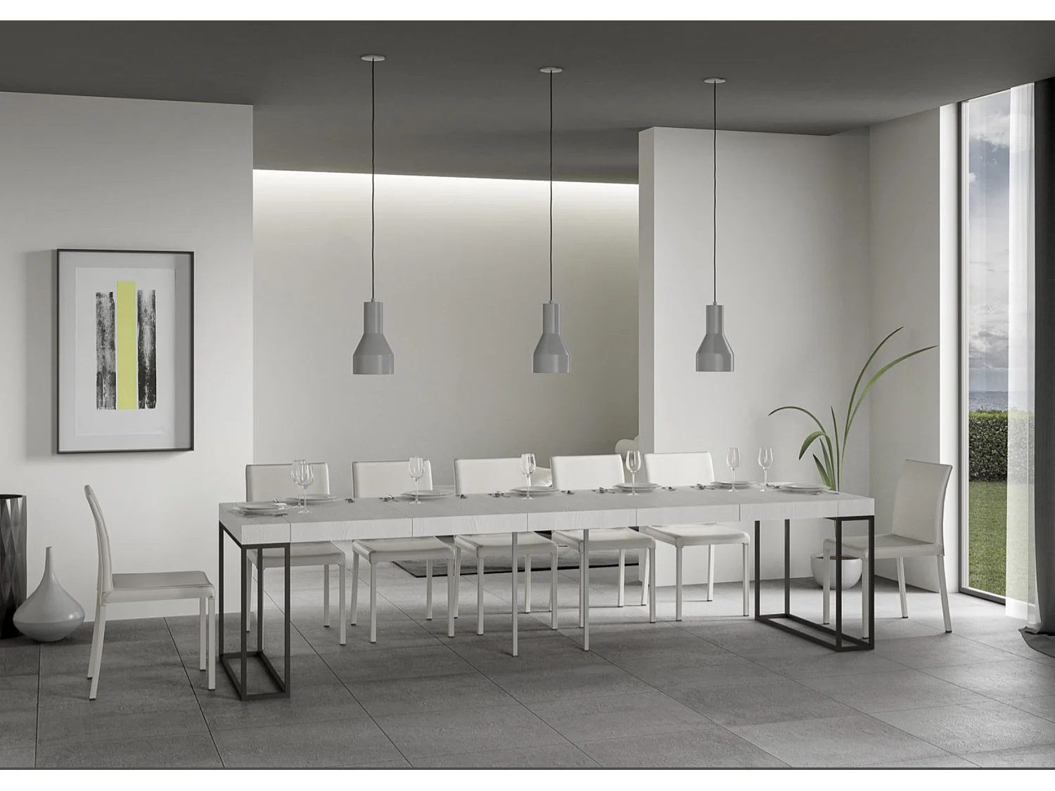 Epika uitschuifbare houten console en 3 antraciet stalen poten-Kleur Wit-Steun 4 voet-Verlengsnoeren 5 dikke extensies