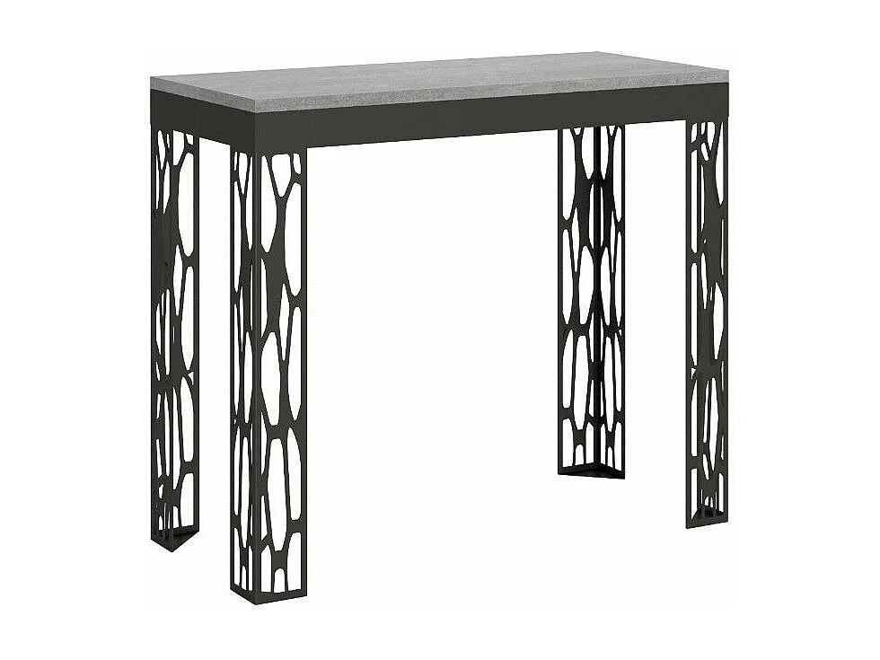 Console extensible design bois et acier anthracite Kiza evolution-Couleur Gris ciment-Sur roulettes-3 rallonges