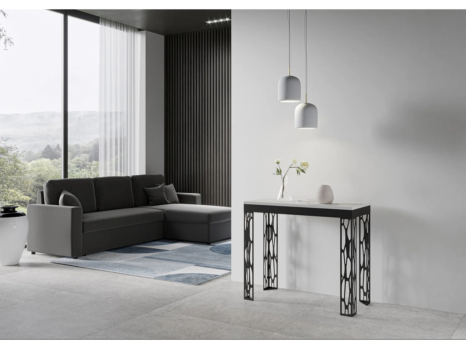 Console extensible design bois et acier anthracite Kiza evolution-Couleur Blanc-4 pieds-3 rallonges