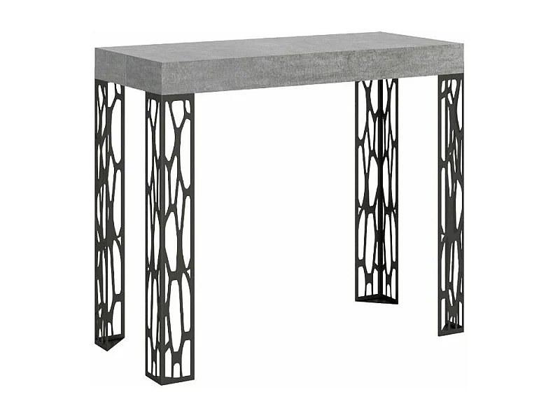Console extensible design bois et acier anthracite Kiza-Couleur Gris ciment-Sur roulettes-3 rallonges