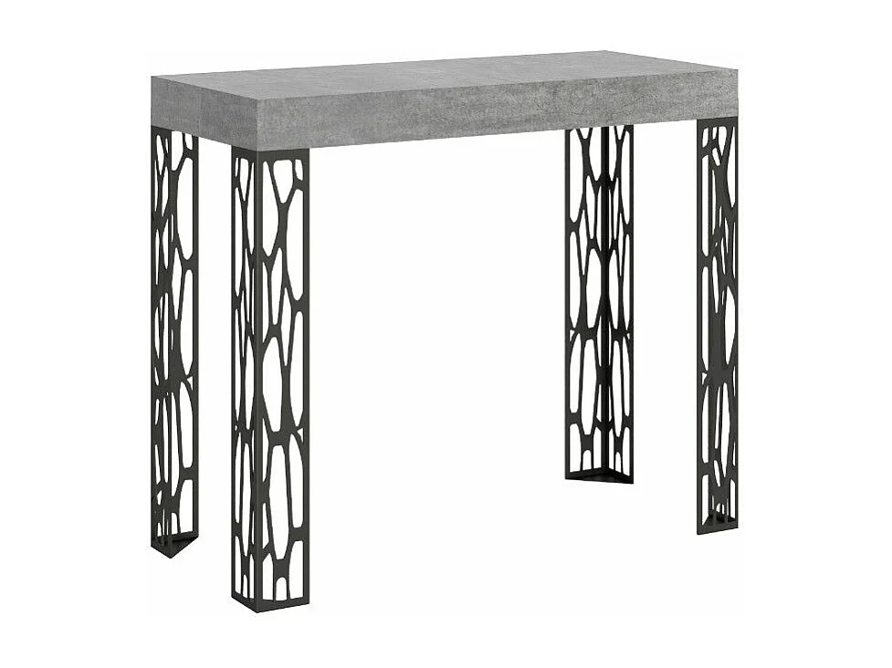 Console extensible design bois et acier anthracite Kiza-Couleur Gris ciment-Sur roulettes-5 rallonges