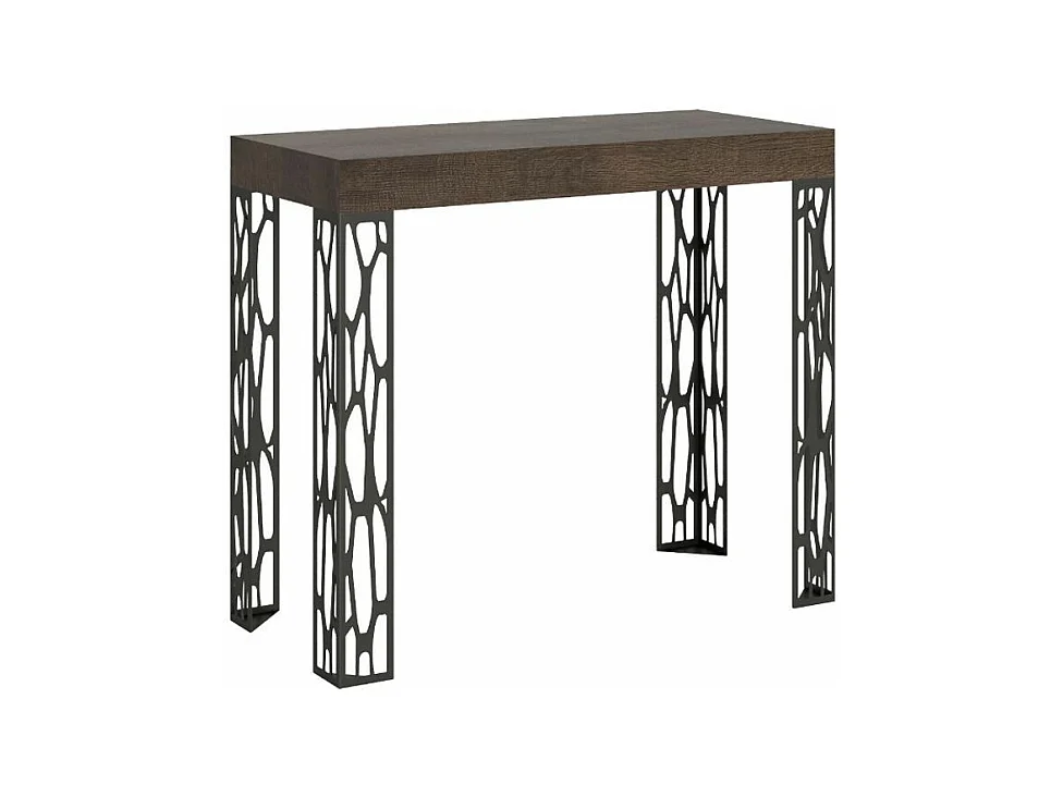 Console extensible design bois et acier anthracite Kiza-Couleur Naturel-4 pieds-5 rallonges
